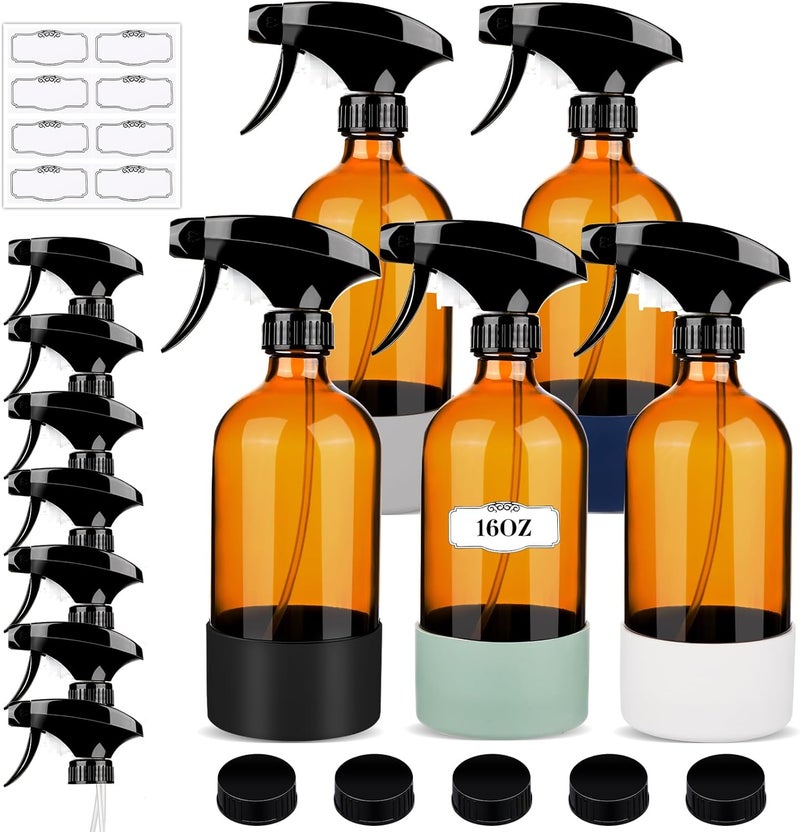 ZENOWICK 5 Pack/16 Oz Glass Spray Bottles, Refillable Empty Containers with Silicone Sleeve, Upgraded Adjustable Nozzle Spray Bottle Sets for Cleaning, Essential Oils, Hair (Amber) - Image 1